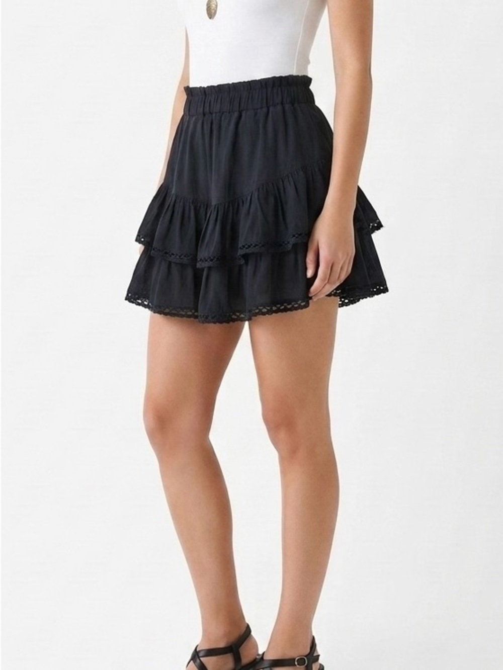 LOMON Black Tiered Ruffle Skort Size M NWT Boho Coquette Crochet Mini Skirt